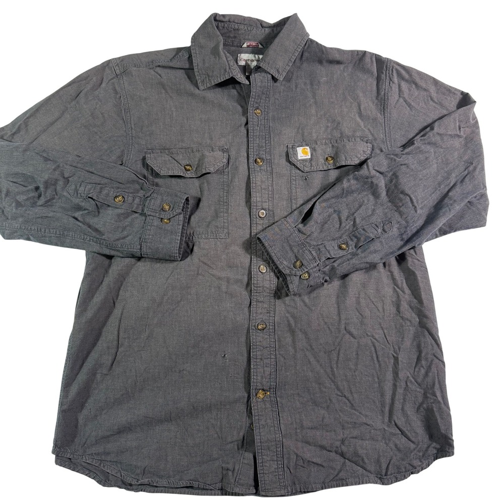 Carhartt Men Gray Long Sleeve Button Up Work Shirt Chambray Relaxed Fit Large